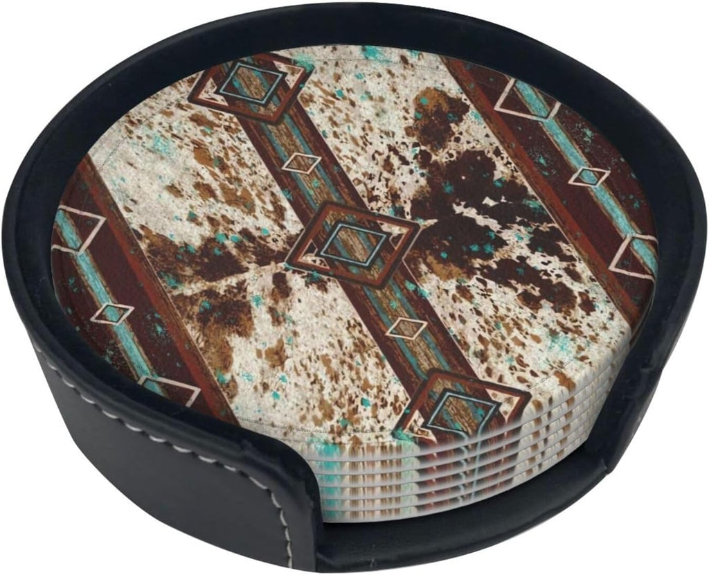 Cowhide Print Western Leather Coasters for Drinks with Holder Coaster Sets Drink Table Cup Coasters Kitchen - Set of 6