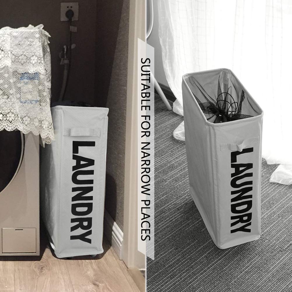 Slim Rolling Laundry Basket with wheel, Rectangle Storage Hamper - Thin Laundry Basket Corner Fittable Laundry Bin
