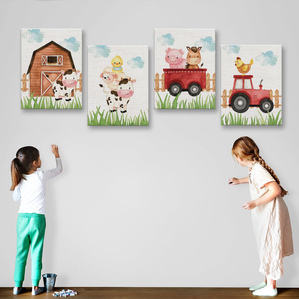Watercolor Farmhouse Nursery Decor Canvas Wall Art Farm Cute Animal Chicken Cow Pig Wall Decor Artwork Poster Prints