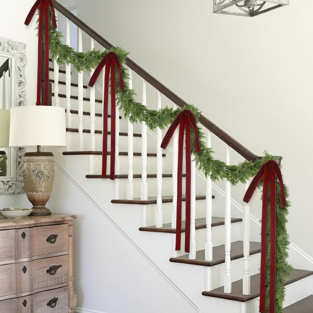 15ft Christmas Garland for Stair with 4 Velvet Bows, Cedar Pine