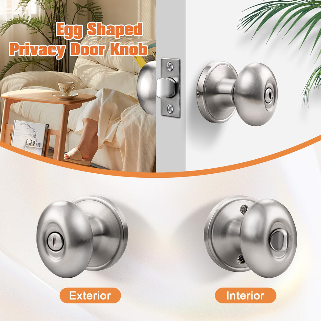 8 Pack Oval Privacy Door Knobs Interior Satin Nickel Door Knobs Bedroom Keyless Egg Shaped Door Knobs and Handles