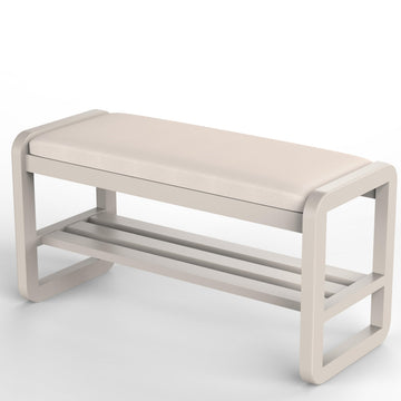 Solid Wood Shoe Rack, 2 Tier Shoe Storage Bench with Cushion Seat, 10 Pair Shoe Organizer, White, 39 Inch