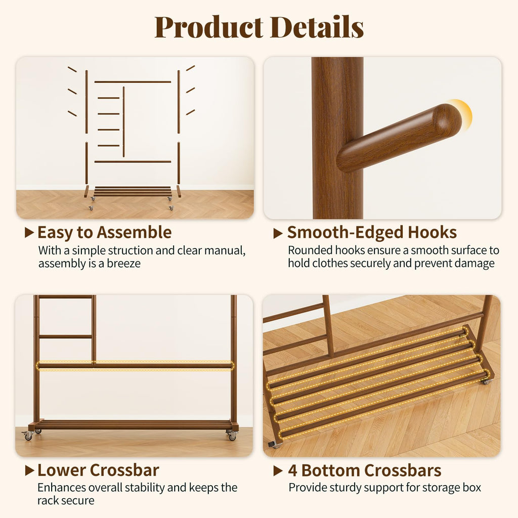 Solid Wood Clothing Rack, 4-in-1 Wooden Clothes Rack with Wheels