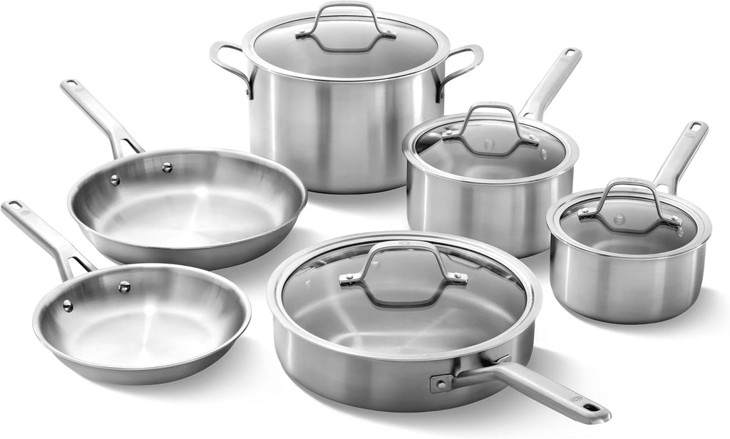 Brushed 3-Ply Stainless Steel Cookware Set w/Turbo Heat Tech 10 Piece Includes Frying Pans, Pots and Pans Set