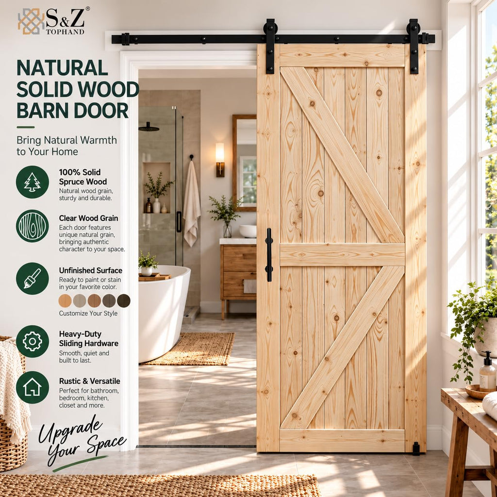 30in x 80in Unfinished British Brace Knotty Barn Door with Sliding Door Hardware Kit/Solid Wood/Sliding/Double