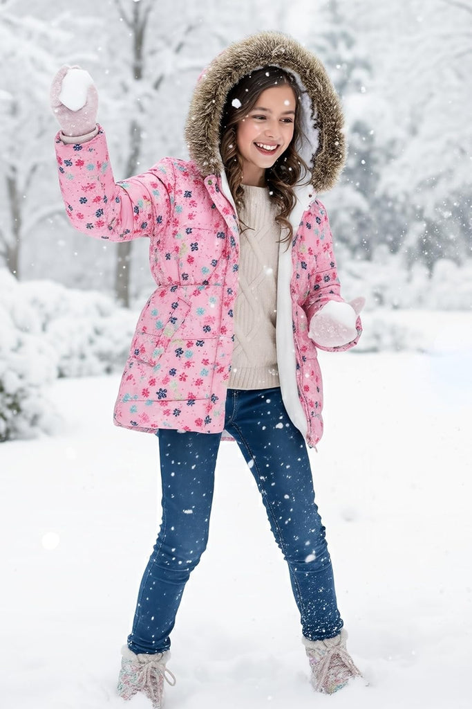 Girls Winter Coat Jacket Fur Hooded Long Puffer Jacket Flower Print Warm Outdoor Coats for Kids