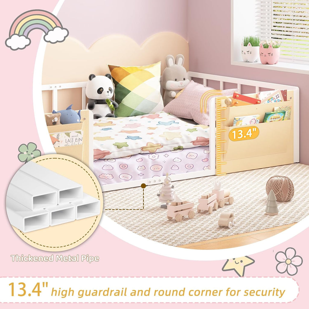 Floor Bed for Kids with Safety Guardrails, Montessori Bed White
