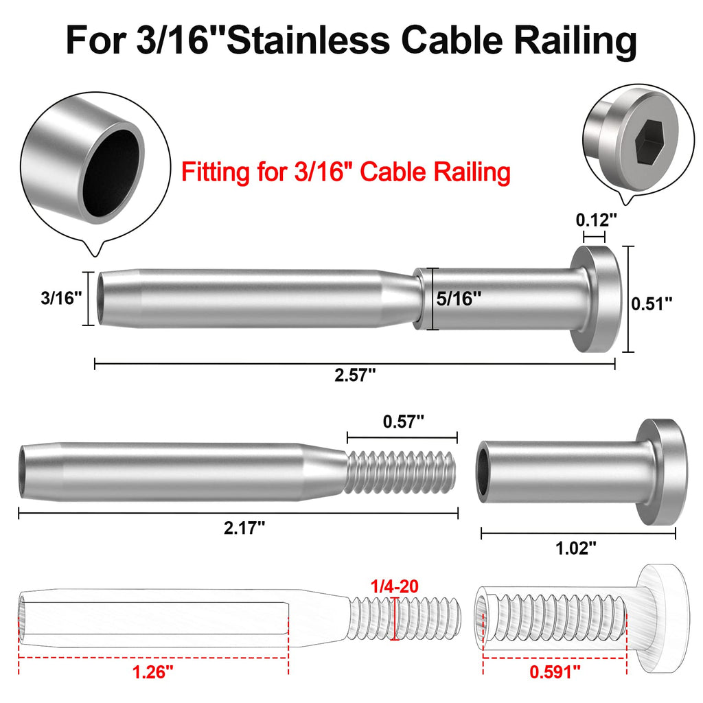 24 Pack 3/16" Invisible Cable Railing kit, T316 Stainless Steel Invisible Receiver and Swage Stud End for 3/16 Inch