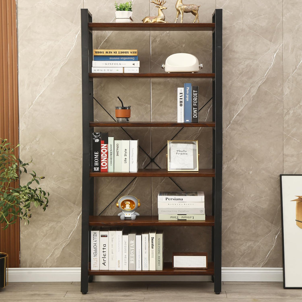 WH-AOERPYMY Natural Real Wood Bookcase,Industrial Bookshelf,6 Tier Solid Wood Open Book Shelf Storage,Metal Shelving