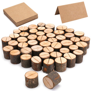50 Pieces Wooden Place Card Holders with 50 Kraft Paper Cards, Rustic Wood Table Number Stands, Photo Holder for