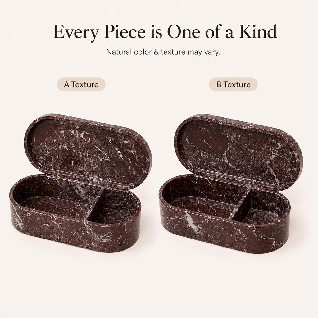 Violet Red Marble Storage Box with Lid, Oval Jewelry Organizer