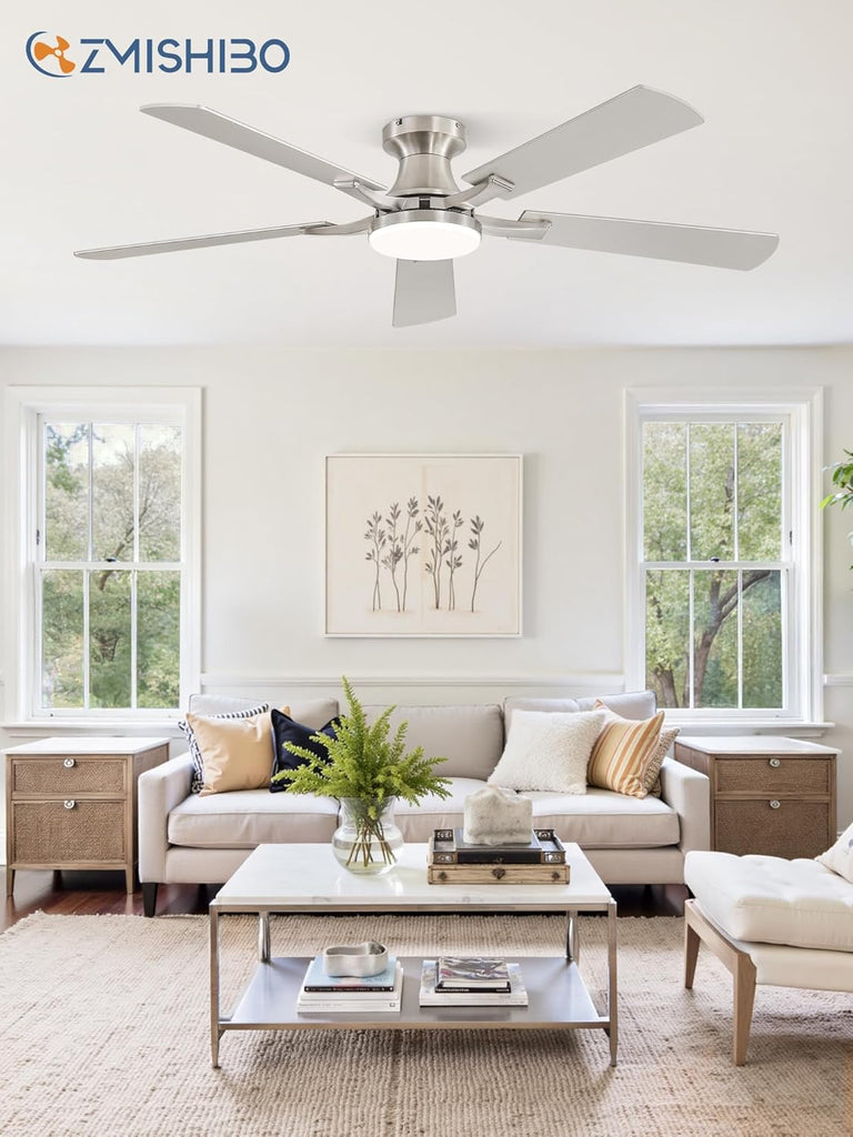 52 Inch Ceiling Fan with Light, App&Remote Control, Flush Mount Low Profile, Dimmable 20W LED Light, Quiet Reversible Motor for Bedroom, Living Room, Apartment, Nickel A101-B0DPHBW77W