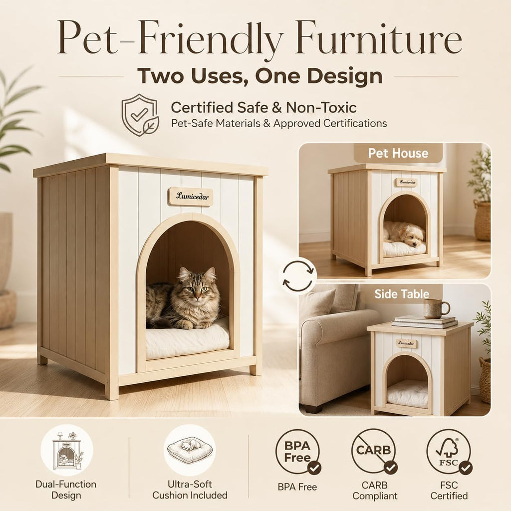 Indoor Wooden Dog Cat House with Removable Cushion, Cedar