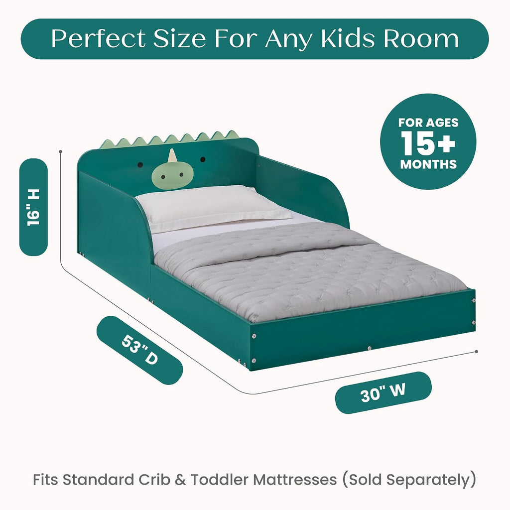 Dino Wood Floor Toddler Bed with Reusable Stickers, Green