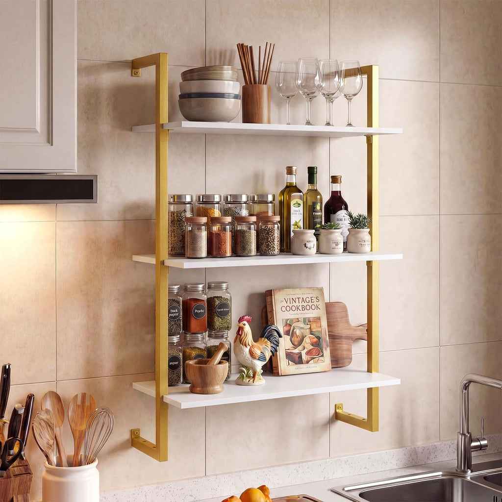 3-Tier Floating Shelves Set of 2, Industrial Wall-Mounted Bookshelf