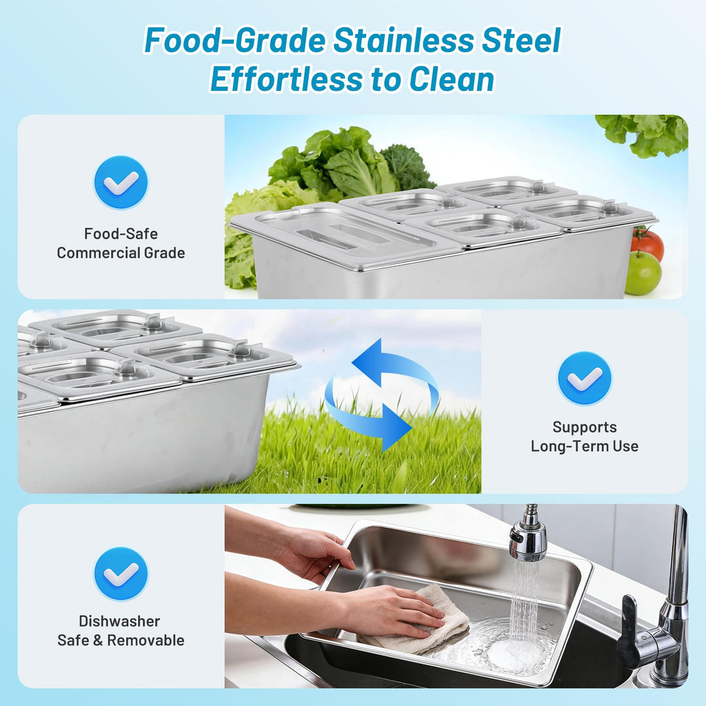 Cold Food Buffet Serving Trays 5 Pans (4 Pan×1.6Qt & 1 Pan×4QT) w/Ice Packs for Salad Bar Station Sauce Cooled