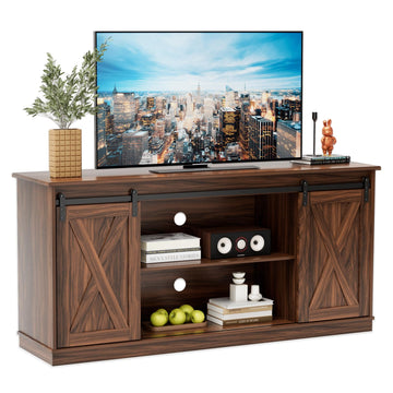 Farmhouse TV Stand Bedroom Brown 65 Inch, Tall Entertainment Center with Storage Shelves, Media Console Cabinet with