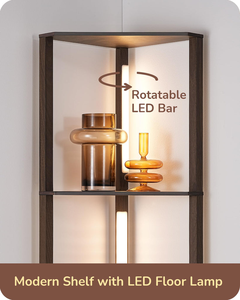 LED Corner Floor Lamp with Shelves, 3CCT, Walnut