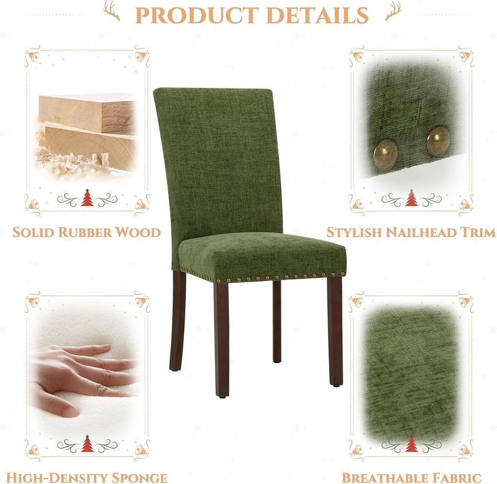 Parsons Dining Chairs Set of 2, Upholstered Nailhead Dining Room Kitchen Side Chair with Thick Cushions and Wood Legs