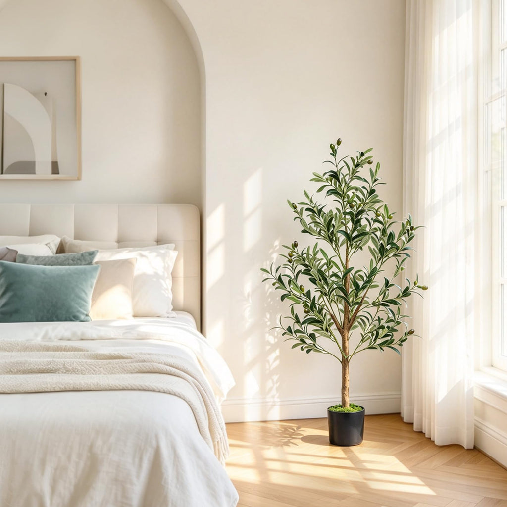 Olive Trees Artificial Indoor: 4FT Faux Olive Tree with White Tall Planter & Moss, Large Fake Plants with Natural