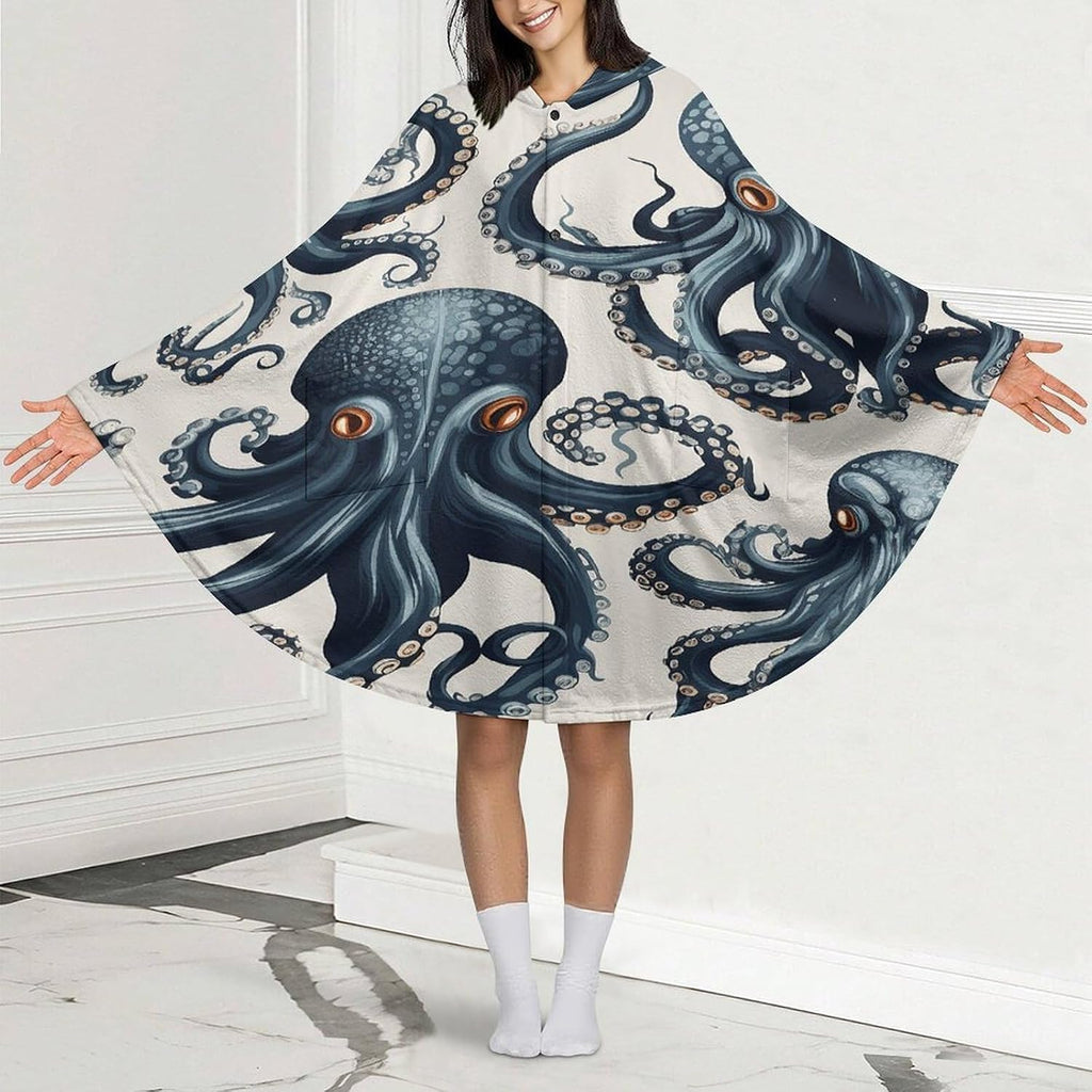 Octopus Pattern Wearable Blanket Hoodie Flannel Hooded Blanket | Sweatshirt Oversized Cozy Sweater Gift