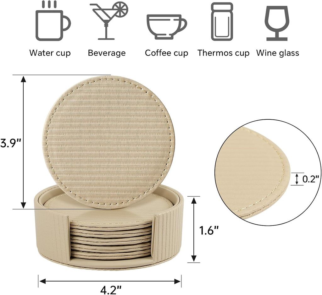 Leather Coasters with Holder, Tabletop Protection, Coffee Table & Bar Decoration, Modern-Style Drink - Set of 6