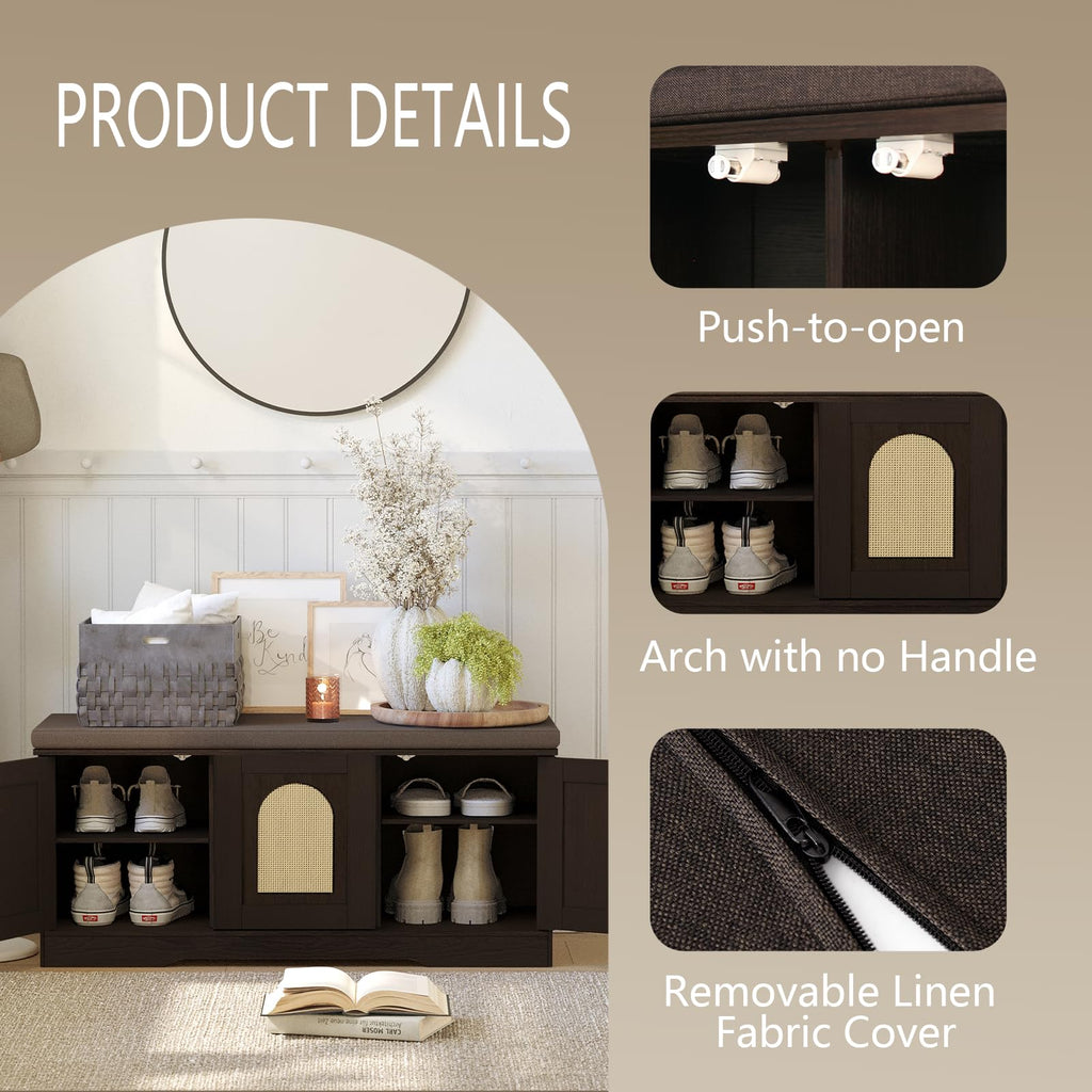 Shoe Storage Bench with Cushion, Door, Espresso Oak 39.4"LX17.7"H