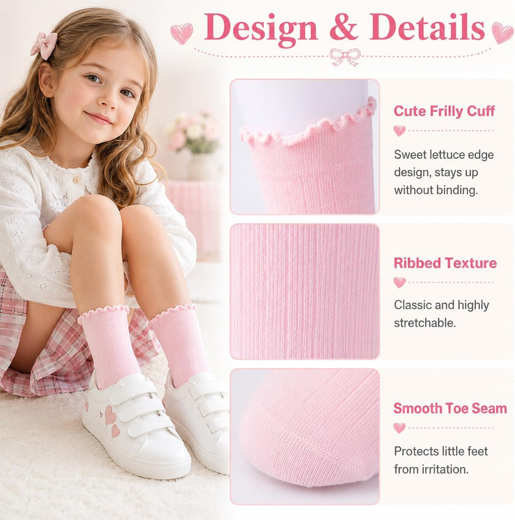 Ruffle Socks for Girls, White Cute Frilly Crew Dress Socks for Kids 6 Pairs