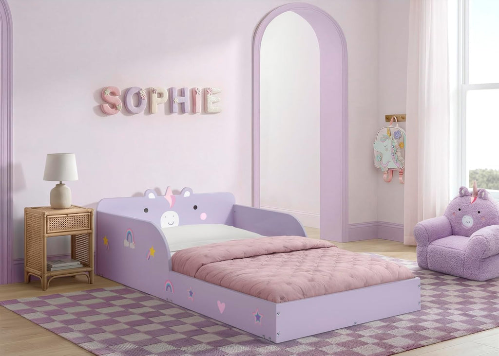 Unicorn Wood Floor Toddler Bed with Reusable Stickers, Purple