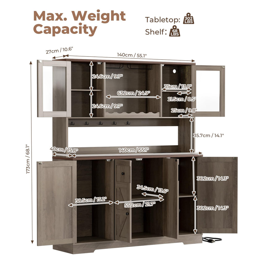 68" Tall Kitchen Pantry Storage Cabinet with Charging Station, 55" Wide Kitchen Hutch Cabinet with Large Countertop