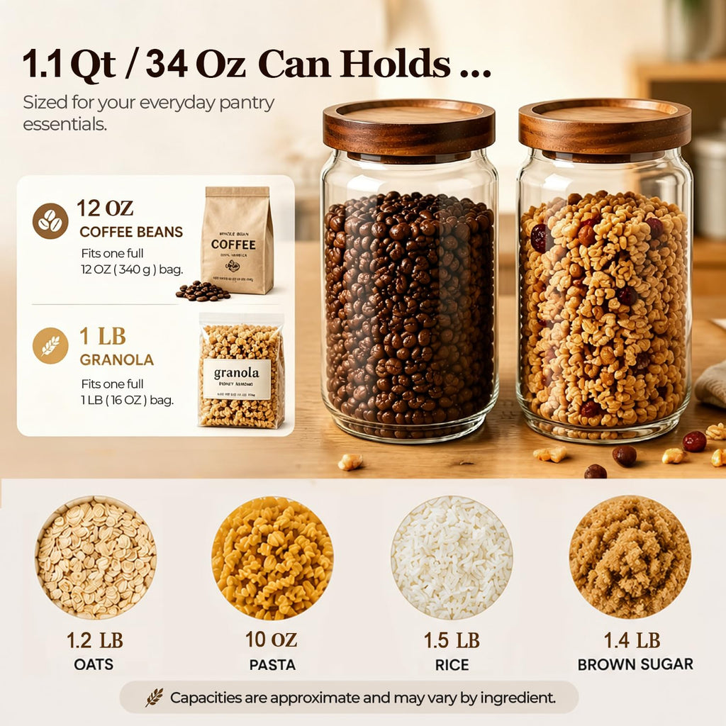 Glass Jar with Acacia Wood Lid 34oz 1Pack, Food Storage Container | 1.1Qt Canister, Oats Coffee Sugar Pasta Candy