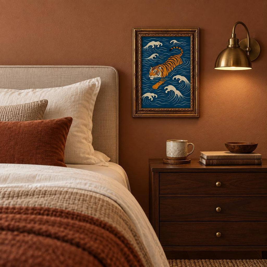 Framed Vintage Japanese Swimming Tiger Wall Art Prints, Ukiyo-e Style Canvas Poster, Funny Wild Animal Paintings