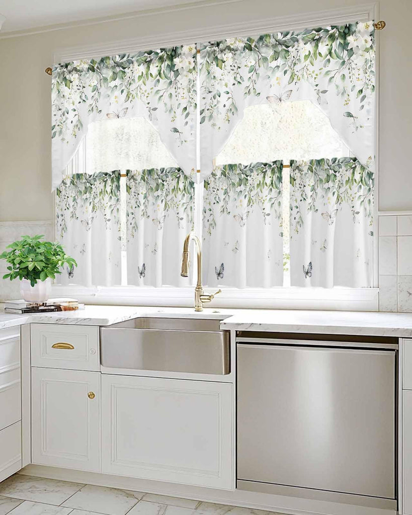 Sage Green Eucalyptus Leaf Kitchen Curtains Sets for Windows 3 Piece, Summer Floral Kitchen Curtains and Valances