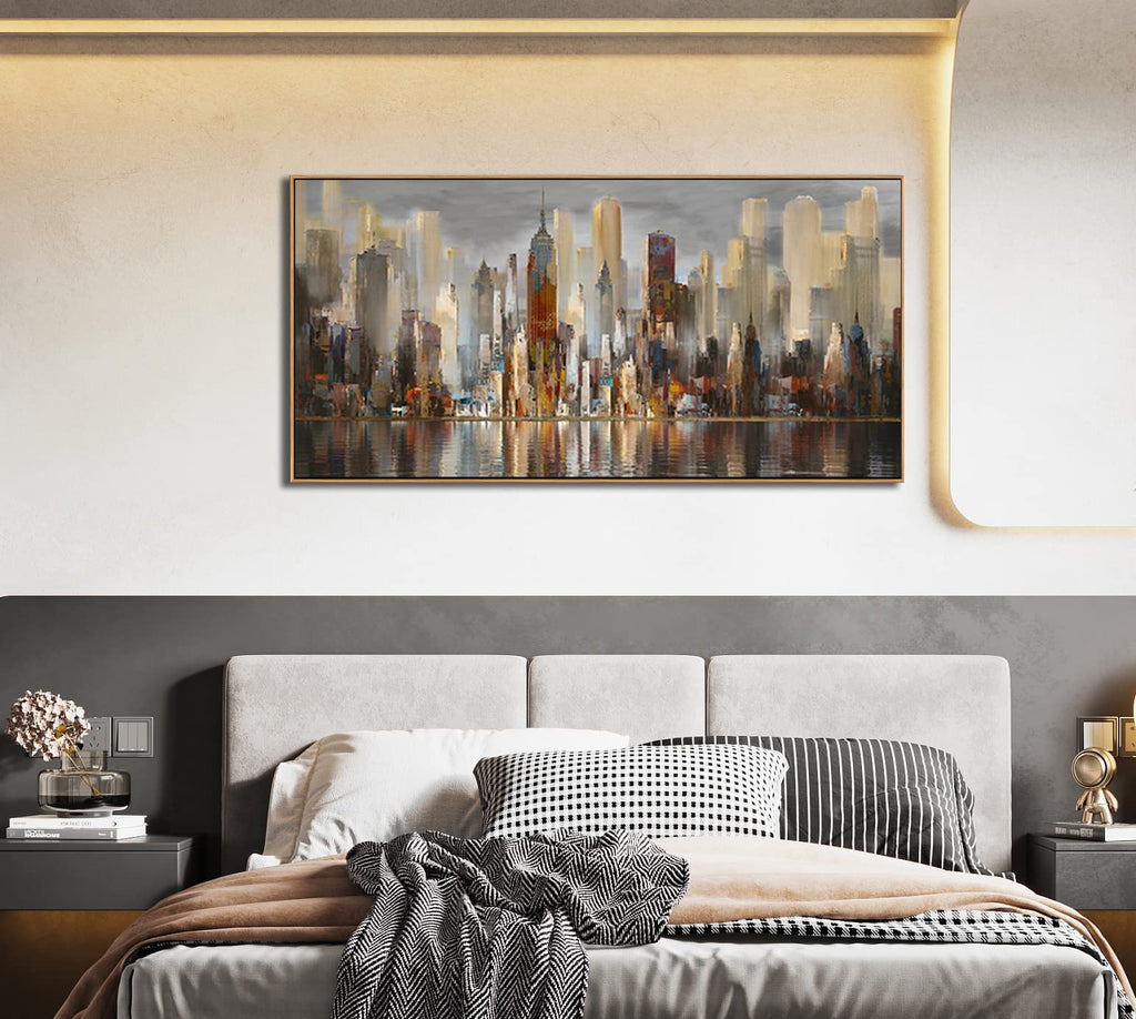 Abstract Modern Canvas Wall Cityscape New York Wall Decor City Theme Paintings Brown Framed Pictures Office Artwork