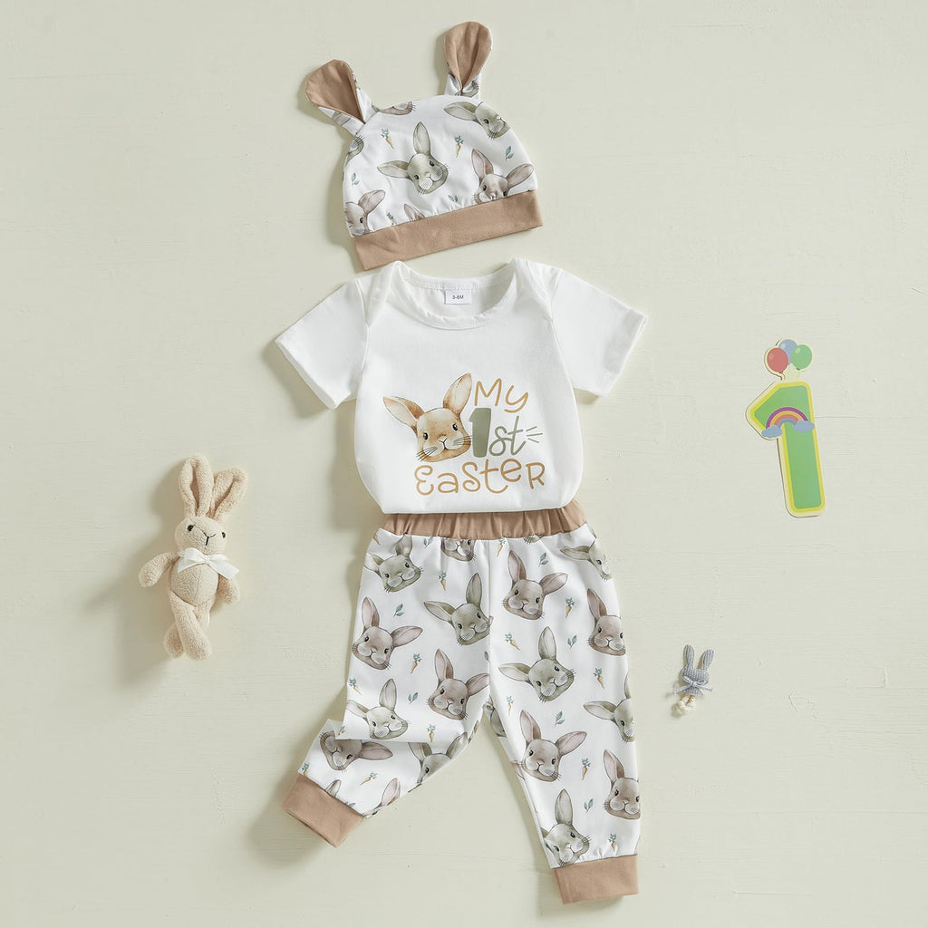 Newborn Baby Boy Girl Easter Day Clothes Set Short Sleeve Rabbit Romper Long Pants Hat My First Easter Outfits