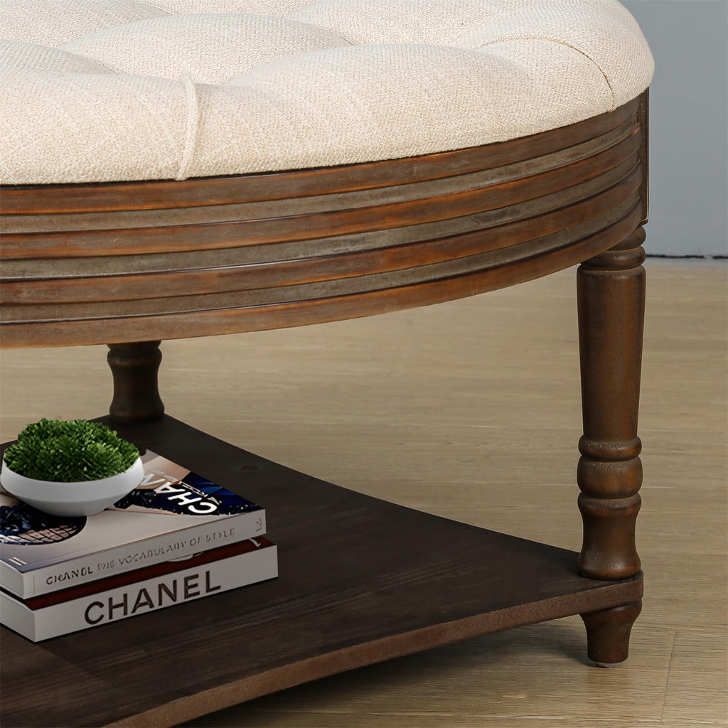 31.5in Farmhouse Round Ottoman Coffee Tables Office, Tufted Upholstered Linen Ottoman Centre Table with Storage Shelf