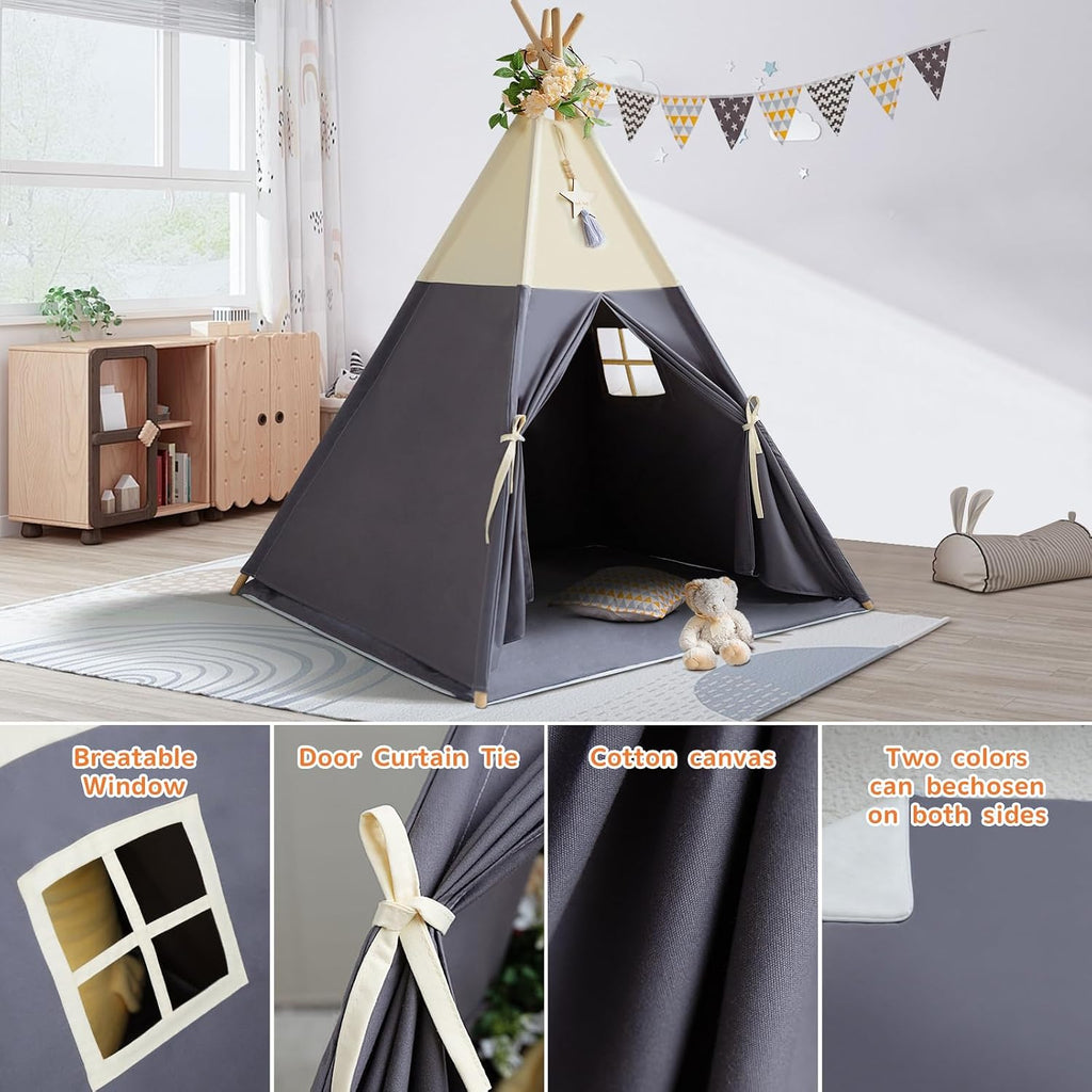 Teepee Tent for Kids, 100% Cotton Play Tent with Mat, Kids Teepee Tent with Colored Flag, Quality Portable Play Tent