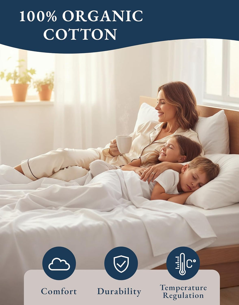 Queen Sheets 100% Organic Cotton 4pc Percale Cooling - White | Queen Sheet Set, GOTS Certified Organic Cotton Percale