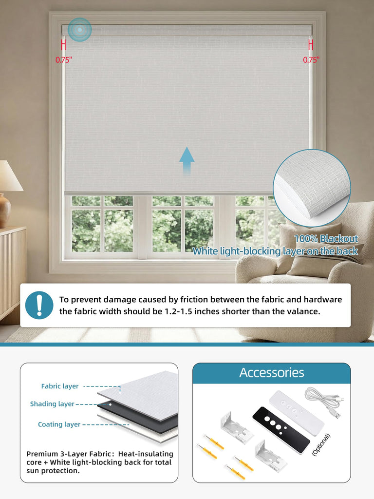 Motorized Smart Roller Shades, 100% Blackout Safari White