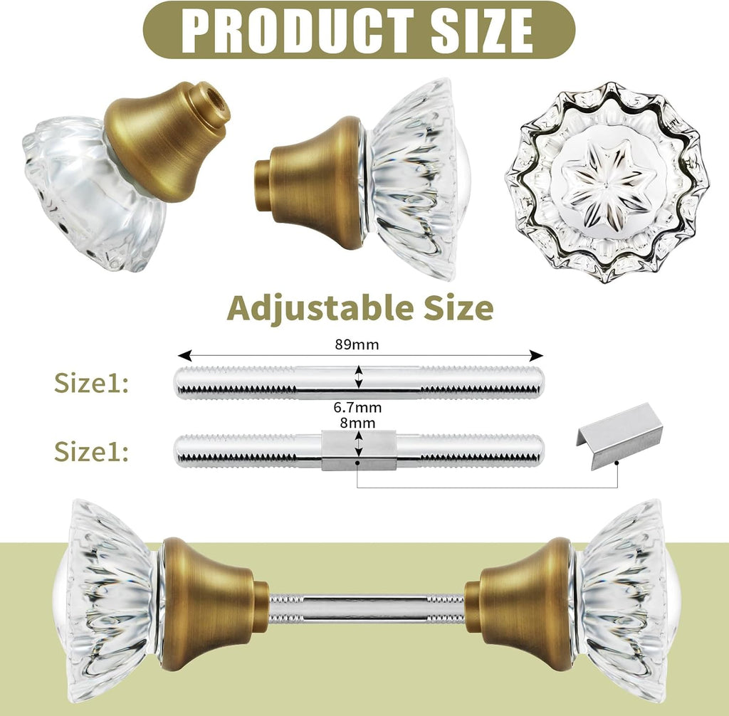 Crystal Glass Door Knobs Interior with Spindle, Antique Brass, 1 Pack