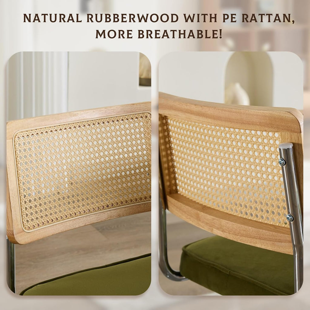 Rattan Dining Chairs Set of 4,Upholstered Mid-Century Modern Dining Room Chairs with Cane Backrest,Retro Velvet