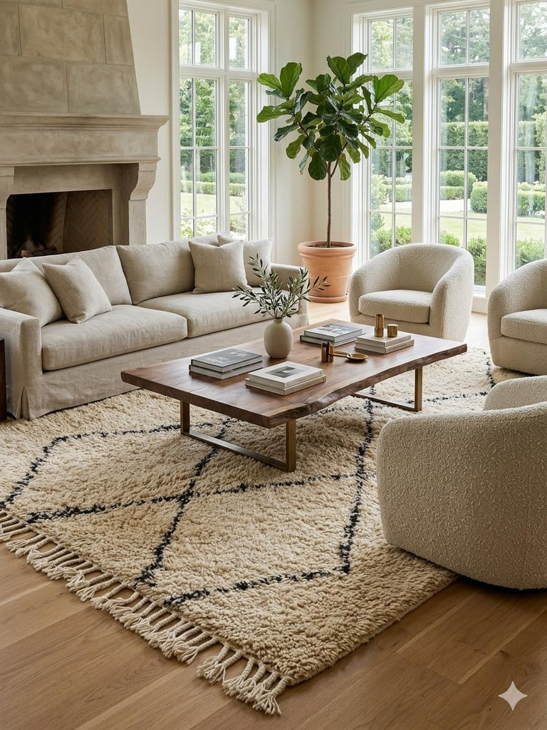 Wool Rug 6' x 9' - Handmade Berber Shag Area Rug, Beni Ourain Style, Ivory/Cream with Charcoal Ladder Diamond Pattern