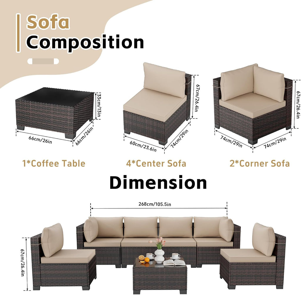 7 Pieces Outdoor Patio Furniture Sets,Rattan Conversation Sectional Set,Manual Weaving Wicker Patio Sofa with Tea