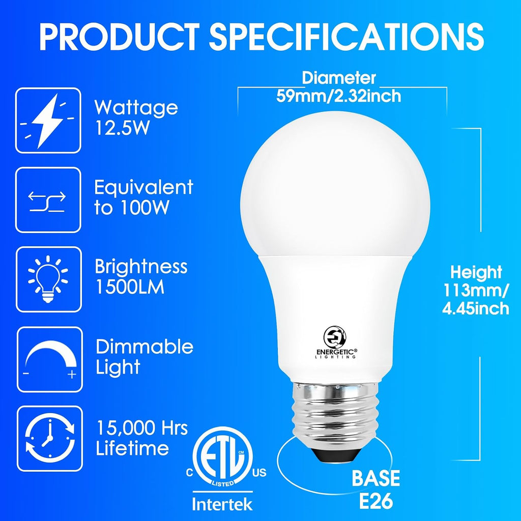 Energetic A19 6-Pack 100 Watt LED Bulb Daylight 5000K, Dimmable, 1500 Lumens 12.5W, E26 Medium Base, 15000 Hrs, ETL