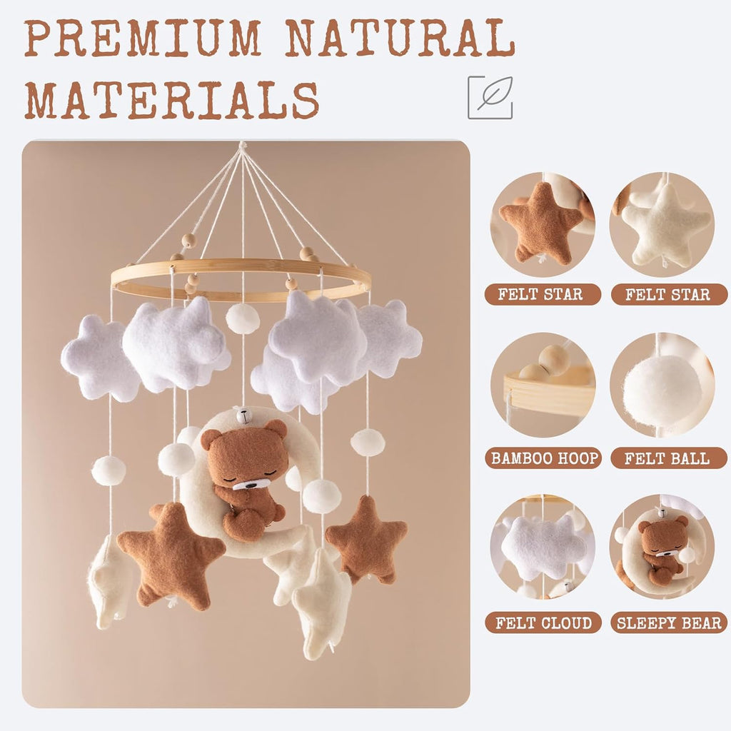 Baby Mobile for Crib - Neutral Boho Nursery Decor with Felt Moon, Stars, Clouds & Bear - Silent Soothing Bed Bell