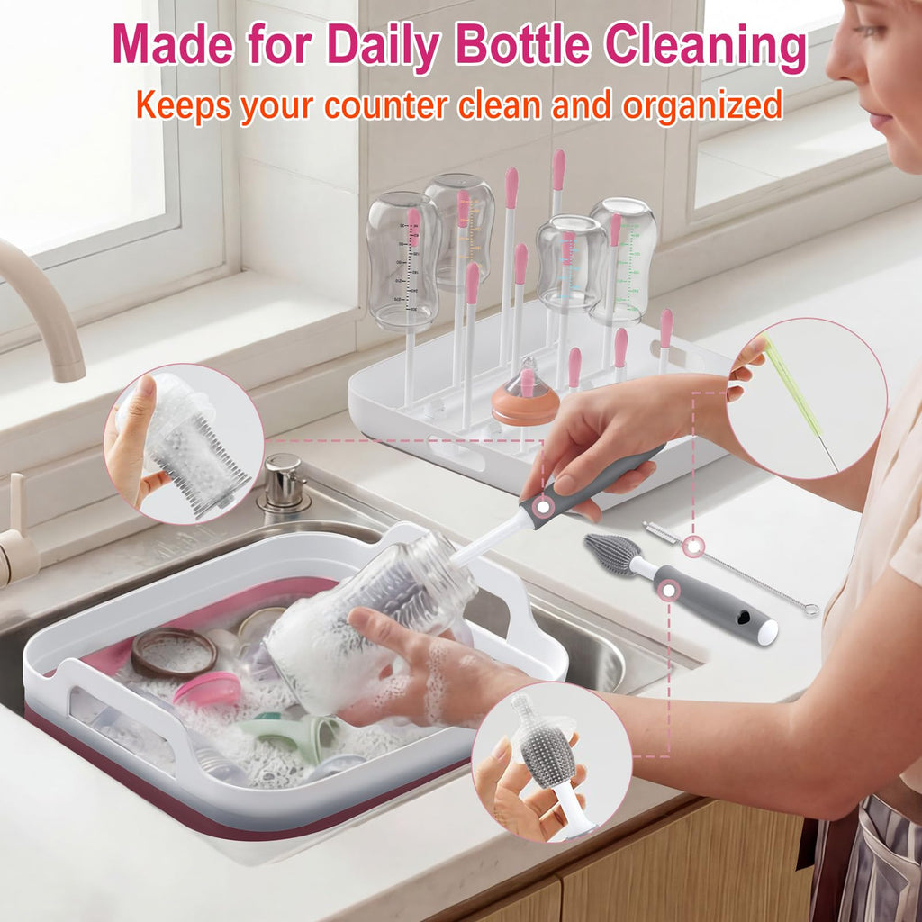 Collapsible Baby Bottle Wash Basin w/Drying Rack & Drain Plug, Pink