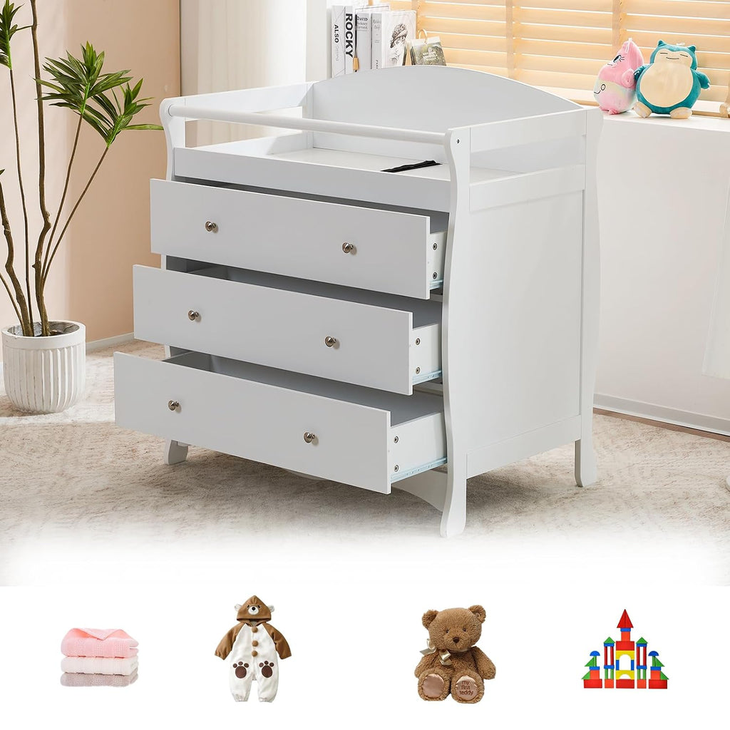 Changing Table Dresser Baby Diaper Changing Station, White | Infant Nursing Table with 3 Drawers, Safety Rail & Strap