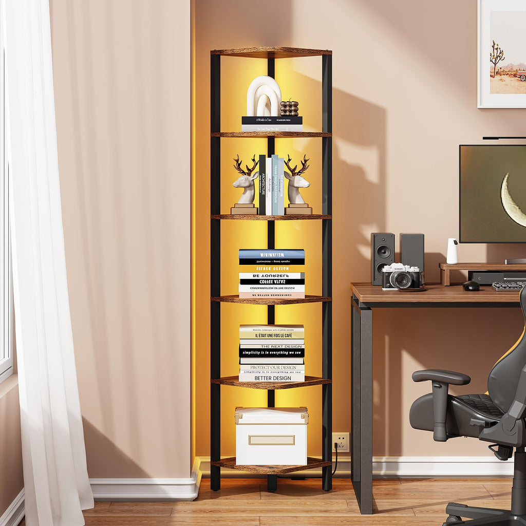 Corner Shelf with LED Light, 6-Tier Corner Bookshelf