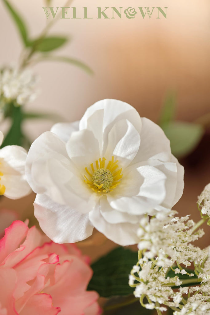 Artificial Flowers in Vase, Fake Silk Peony Tulip Hydrangea Pink & White Flower Bouquet Arrangement with Faux Water