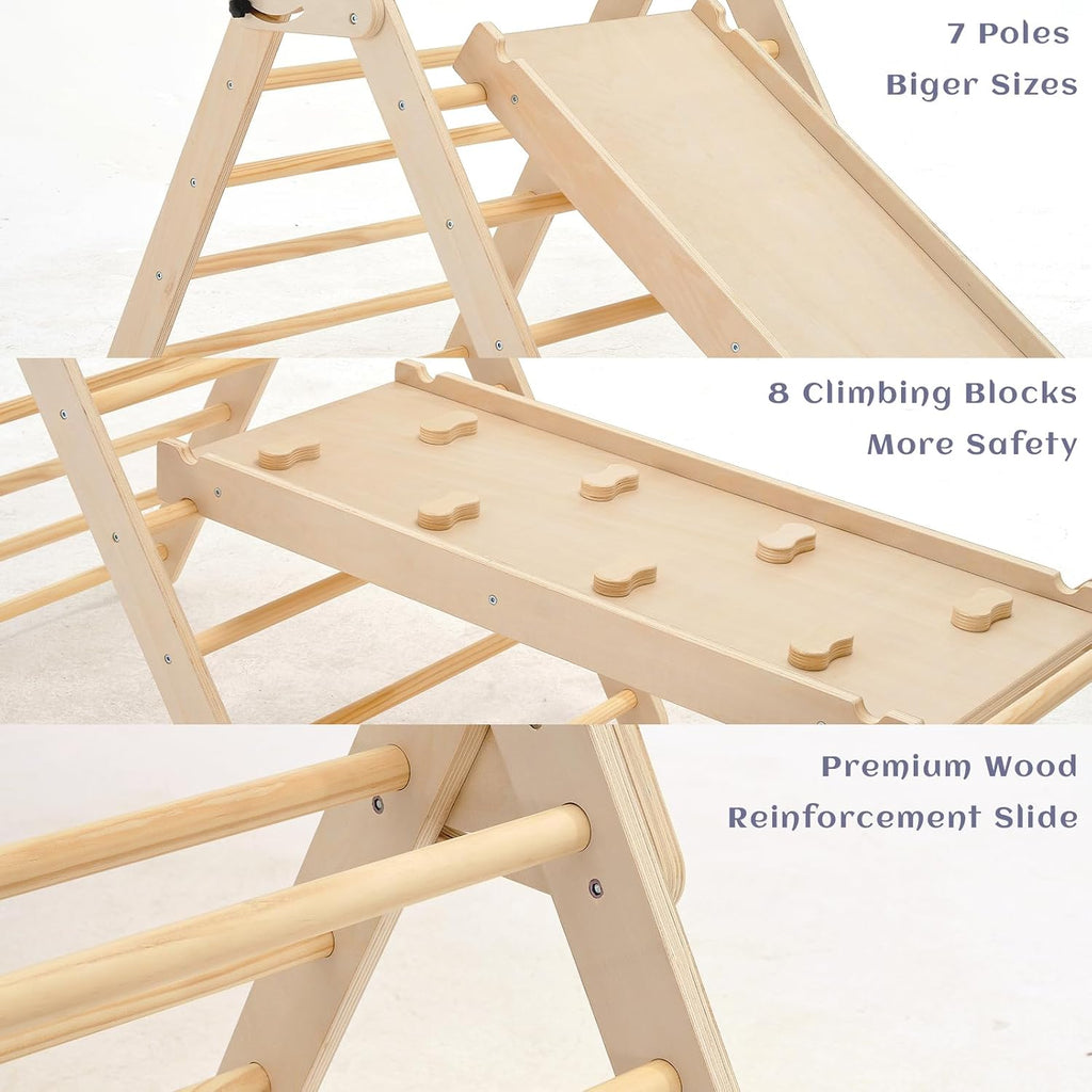 Extra‐Large Montessori Wooden Climbing Triangle Set-Foldable Toddler Gym Triangle, Climbing Ramp & Arch, Indoor